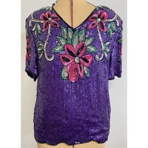 Womens Hollywood Glam Full Sequin Party Floral Top Shirt Swiftie XL Purple